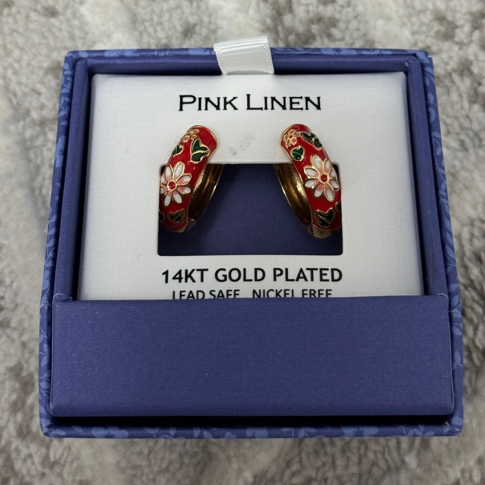 Pink Linen 14KT gold plated red Huggie Japanese style earrings